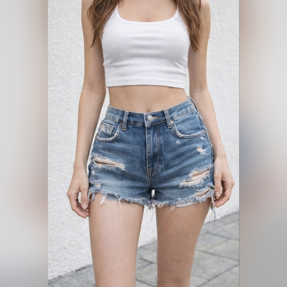 Zara Distressed Mid-Blue Denim Shorts